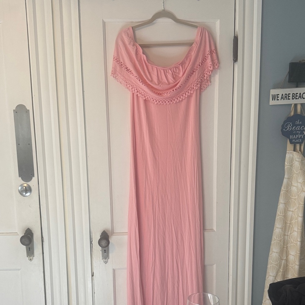 Boohoo Pink Off-Shoulder Maxi Dress with Crochet Ruffle